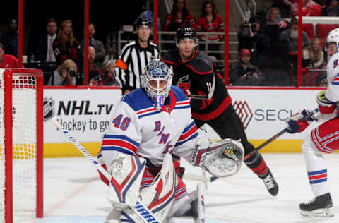 RALEIGH, NC – OCTOBER 07: Alexandar Georgiev #40 of the New York Rangers crouches in the crease to protect the net during an NHL game against the Carolina Hurricanes on October 7, 2018 at PNC Arena in Raleigh, North Carolina. (Photo by Gregg Forwerck/NHLI via Getty Images)