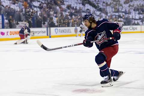 COLUMBUS, OH – MAY 06: Columbus Blue Jackets left wing Artemi Panarin (9) warms up before the Stanley Cup Eastern Conference semifinal playoff game between the Columbus Blue Jackets and the Boston Bruins on May 06, 2019 at Nationwide Arena in Columbus, OH. (Photo by Adam Lacy/Icon Sportswire via Getty Images)