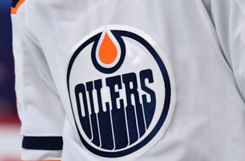 MONTREAL, QC – FEBRUARY 11: A detail of the Edmonton Oilers logo during the second period against the Montreal Canadiens at the Bell Centre on February 11, 2021 in Montreal, Canada. The Edmonton Oilers defeated the Montreal Canadiens 3-0. (Photo by Minas Panagiotakis/Getty Images)