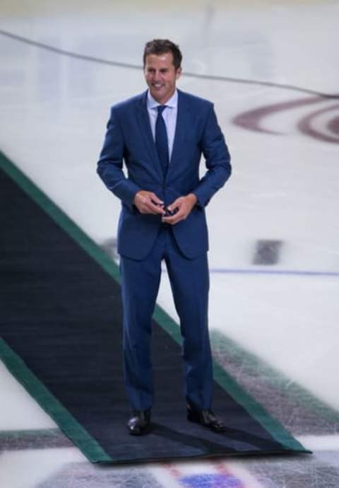 Oct 3, 2013; Dallas, TX, USA; Dallas Stars former center Mike Modano is introduced before the game between the Stars and the Florida Panthers at the American Airlines Center. The Panthers defeated the Stars 4-2. Mandatory Credit: Jerome Miron-USA TODAY Sports