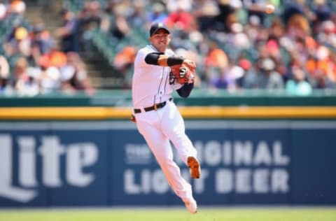 DETROIT, MI – MAY 16: Jose Iglesias #1 of the Detroit Tigers throws to first base in the first inning while playing the Cleveland Indians at Comerica Park on May 16, 2018 in Detroit, Michigan. (Photo by Gregory Shamus/Getty Images)