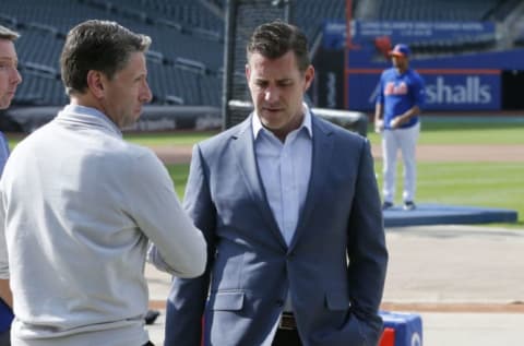 NEW YORK, NY – MAY 20: Chief Operating Officer Jeff Wilpon and General Manager Brody Van Wagenen of the New York Mets, talk on the field during batting practice moments after Van Wagenen held a press conference before an MLB baseball game against the Washington Nationals on May 20, 2019 at Citi Field in the Queens borough of New York City. Mets won 5-3. (Photo by Paul Bereswill/Getty Images)