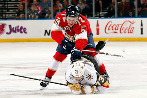 SUNRISE, FL – FEBRUARY 2: Frank Vatrano #72 of the Florida Panthers collides with Brandon Pirri #73 of the Vegas Golden Knights at the BB&T Center on February 2, 2019 in Sunrise, Florida. (Photo by Eliot J. Schechter/NHLI via Getty Images)