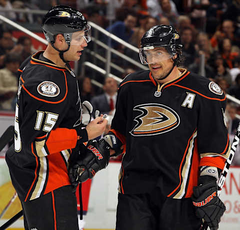 ANAHEIM, CA – FEBRUARY 3: Ryan Getzlaf #15 and Teemu Selanne #8 of the Anaheim Ducks talk on the ice during a break in action against the Columbus Blue Jackets on February 3, 2012, at Honda Center in Anaheim, California. (Photo by Debora Robinson/NHLI via Getty Images)