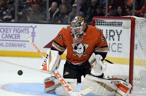 NHL Power Rankings: Anaheim Ducks goalie John Gibson (36) makes a save in the first period against the Pittsburgh Penguins during a NHL hockey match at Honda Center. Mandatory Credit: Kirby Lee-USA TODAY Sports