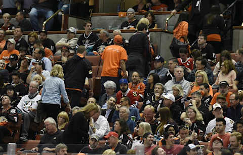 May 30, 2015; Anaheim, CA, USA; Anaheim Ducks fans leave in the later part of the third period as the Ducks play against the Chicago Blackhawks in game seven of the Western Conference Final of the 2015 Stanley Cup Playoffs at Honda Center. Mandatory Credit: Gary A. Vasquez-USA TODAY Sports