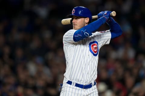 CHICAGO, IL – MAY 9: Cody Bellinger of the Chicago Cubs prepares to bat in a game against the St Louis Cardinals at Wrigley Field on May 9, 2023 in Chicago, Illinois. (Photo by Matt Dirksen/Getty Images)