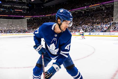 TORONTO, ON – FEBRUARY 3: Pierre Engvall #47 of the Toronto Maple Leafs. (Photo by Mark Blinch/NHLI via Getty Images)