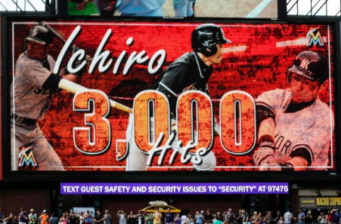 Aug 7, 2016; Denver, CO, USA; The center field sign at Coors Field after Miami Marlins center fielder Ichiro Suzuki (not pictured) hit his 3000 major league hit in the seventh inning of the game against the Colorado Rockies. Mandatory Credit: Isaiah J. Downing-USA TODAY Sports