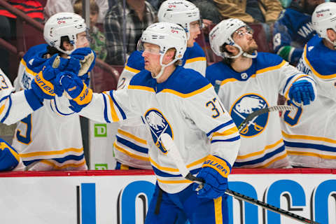 Mar 20, 2022; Vancouver, British Columbia, CAN; Buffalo Sabres forward Casey Mittelstadt (37) celebrates his goal against the Vancouver Canucks in the first period at Rogers Arena. Mandatory Credit: Bob Frid-USA TODAY Sports