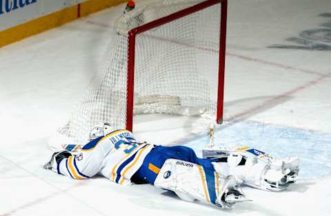 NEWARK, NEW JERSEY – FEBRUARY 23: Linus Ullmark #35 of the Buffalo Sabres . (Photo by Bruce Bennett/Getty Images)