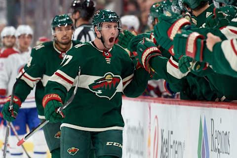 ST PAUL, MINNESOTA – OCTOBER 20: Brad Hunt #77 of the Minnesota Wild celebrates scoring a power play goal against the Montreal Canadiens during the game at Xcel Energy Center on October 20, 2019 in St Paul, Minnesota. The Wild defeated the Canadiens 4-3. (Photo by Hannah Foslien/Getty Images)