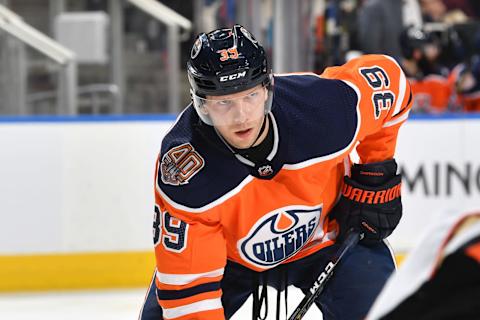 EDMONTON, AB – MARCH 30: Alex Chiasson #39 of the Edmonton Oilers lines up for a face off during the game against the Anaheim Ducks on March 30, 2019 at Rogers Place in Edmonton, Alberta, Canada. (Photo by Andy Devlin/NHLI via Getty Images)