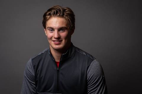 BUFFALO, NY – MAY 30: Nils Hoglander poses for a portrait at the 2019 NHL Scouting Combine on May 30, 2019 at the HarborCenter in Buffalo, New York. (Photo by Chase Agnello-Dean/NHLI via Getty Images)