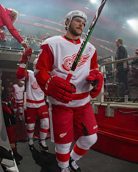 DETROIT, MI – MARCH 14: Michael Rasmussen #27 of the Detroit Red Wings walks out to the rink before the start of an NHL game against the Tampa Bay Lightning at Little Caesars Arena on March 14, 2019 in Detroit, Michigan. Tampa defeated Detroit 5-4. (Photo by Dave Reginek/NHLI via Getty Images)