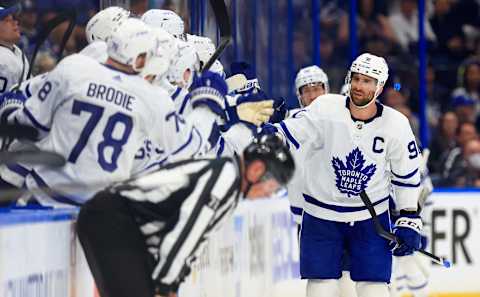 TAMPA, FLORIDA – MAY 12: John Tavares #91 of the Toronto Maple Leafs celebrates a goal in the second period during Game Five of the First Round of the 2022 Stanley Cup Playoffs against the Tampa Bay Lightning at Amalie Arena on May 12, 2022 in Tampa, Florida. (Photo by Mike Ehrmann/Getty Images)