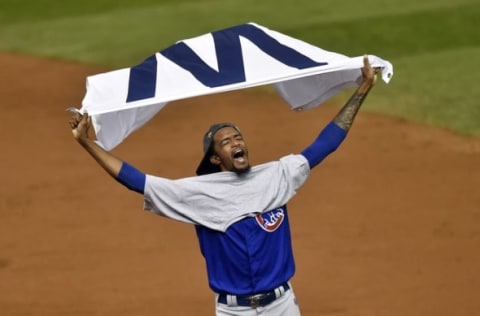 Nov 2, 2016; Cleveland, OH, USA; Chicago Cubs relief pitcher Carl Edwards (6) celebrates after defeating the Cleveland Indians in game seven of the 2016 World Series at Progressive Field. Mandatory Credit: David Richard-USA TODAY Sports