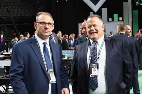 DALLAS, TX – JUNE 22: (l-r) Keith Gretzky and Andrew Shaw of the Edmonton Oilers attend the first round of the 2018 NHL Draft at American Airlines Center on June 22, 2018 in Dallas, Texas. (Photo by Bruce Bennett/Getty Images)