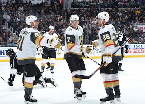 LOS ANGELES, CA – OCTOBER 13: Jonathan Marchessault #81,Valentin Zykov #7 and Paul Stastny #26 of the Vegas Golden Knights celebrate Stastnys second second-period goal during the game against the Los Angeles Kings at STAPLES Center on October 13, 2019 in Los Angeles, California. (Photo by Juan Ocampo/NHLI via Getty Images)