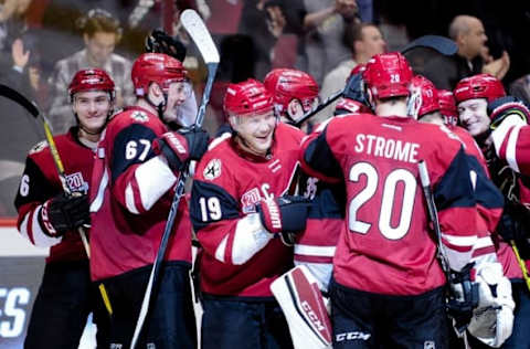 Nov 3, 2016; Glendale, AZ, USA; The Arizona Coyotes celebrate after defeating the Nashville Predators 3-2 in a shootout at Gila River Arena. Mandatory Credit: Matt Kartozian-USA TODAY Sports