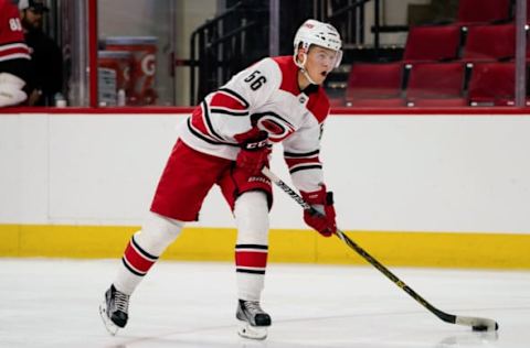 RALEIGH, NC – JUNE 30: Carolina Hurricanes Jesper Sellgren (56) skates the puck up ice during the Canes Prospect Game at the PNC Arena in Raleigh, NC on June 30, 2018. (Photo by Greg Thompson/Icon Sportswire via Getty Images)