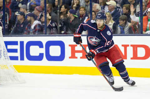 COLUMBUS, OH – APRIL 17: Ryan Murray #27 of the Columbus Blue Jackets skates with the puck during game 3 in the First Round of the Stanley Cup Playoffs at Nationwide Arena in Columbus, Ohio on April 17, 2018. Washington Capitals won 3-2 in double overtime. (Photo by Jason Mowry/Icon Sportswire via Getty Images)