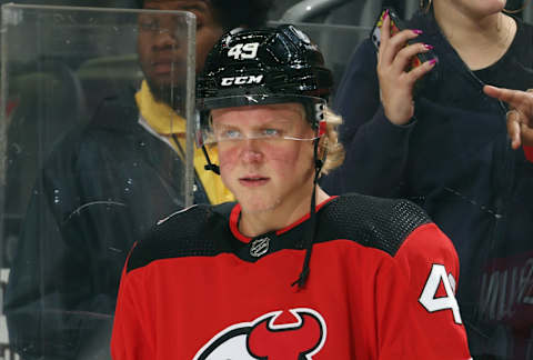 New Jersey Devils, Fabian Zetterlund #49. (Photo by Bruce Bennett/Getty Images)