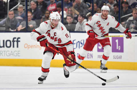 COLUMBUS, OH – OCTOBER 24: Jordan Staal #11 of the Carolina Hurricanes skates against the Columbus Blue Jackets on October 24, 2019 at Nationwide Arena in Columbus, Ohio. (Photo by Jamie Sabau/NHLI via Getty Images)