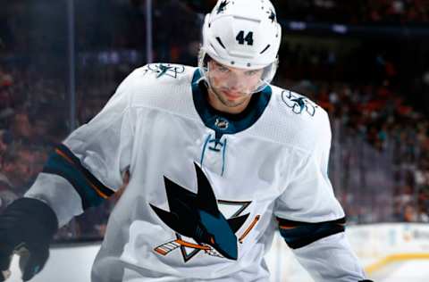 ANAHEIM, CA – APRIL 12: Marc-Edouard Vlasic #44 of the San Jose Sharks skates in Game One of the Western Conference First Round against the Anaheim Ducks during the 2018 NHL Stanley Cup Playoffs at Honda Center on April 12, 2018 in Anaheim, California. (Photo by Debora Robinson/NHLI via Getty Images) *** Local Caption ***