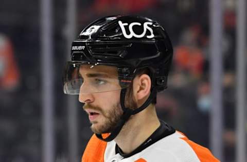 Mar 23, 2021; Philadelphia, Pennsylvania, USA; Philadelphia Flyers defenseman Shayne Gostisbehere (53) during the second period against the New Jersey Devils at Wells Fargo Center. Mandatory Credit: Eric Hartline-USA TODAY Sports