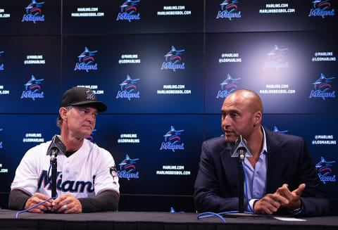 Don Mattingly and Derek Jeter CEO of the Miami Marlins (Photo by Mark Brown/Getty Images)