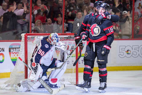 Mar 5, 2023; Ottawa, Ontario, CAN; Columbus Blue Jackets goalie Elvis Merzlikins (90) reacts to a goal scored by Ottawa Senators left wing Tim Stutzle (18) in the first period at the Canadian Tire Centre. Mandatory Credit: Marc DesRosiers-USA TODAY Sports