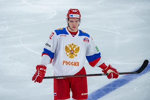 BIEL, SWITZERLAND – MAY 01: Vasily Podkolzin #92 of Russia looks on during the Ice Hockey International Friendly game between Switzerland and Russia at Tissot-Arena on May 1, 2021 in Biel, Switzerland. (Photo by RvS.Media/Robert Hradil/Getty Images)