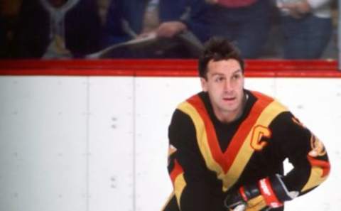 BOSTON, MA. – 1980’s: Stan Smyl # of the Vancouver Canucks skates in warm up against the Boston Bruins at Boston Garden. (Photo by Steve Babineau/NHLI via Getty Images)