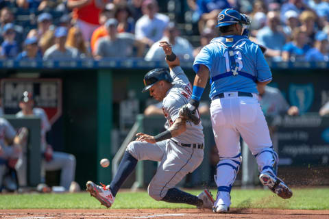 KANSAS CITY, MO – MAY 05: Detroit Tigers center fielder Leonys Martin (12) slides into home plate around Kansas City Royals catcher Salvador Perez (13) during a Major League baseball game on May 5, 201,8, at Kauffman Stadium in Kansas City, Missouri. (Photo by William Purnell/Icon Sportswire via Getty Images)