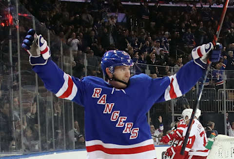 NEW YORK, NEW YORK – NOVEMBER 06: Ryan Strome #16 of the New York Rangers celebrates his power-play goal at 8:49 of the second period against Jimmy Howard #35 of the Detroit Red Wings at Madison Square Garden on November 06, 2019 in New York City. (Photo by Bruce Bennett/Getty Images)