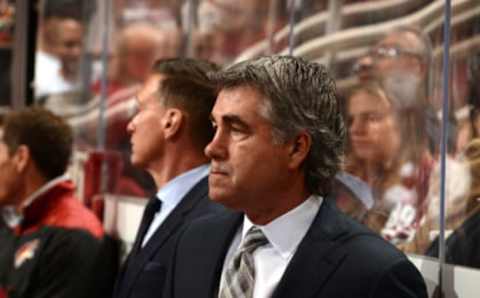 GLENDALE, AZ – APRIL 08: Head coach Dave Tippett of the Arizona Coyotes looks on from the bench during a game against the Minnesota Wild at Gila River Arena on April 8, 2017 in Glendale, Arizona. (Photo by Norm Hall/NHLI via Getty Images)