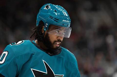 Nov 24, 2023; San Jose, California, USA; San Jose Sharks left wing Anthony Duclair (10) during the second period against the Montreal Canadiens at SAP Center at San Jose. Mandatory Credit: Stan Szeto-USA TODAY Sports