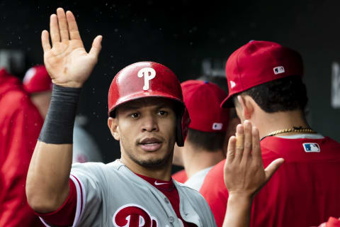 BALTIMORE, MD – MAY 16: Cesar Hernandez #16 of the Philadelphia Phillies celebrates after scoring during the seventh inning against the Baltimore Orioles at Oriole Park at Camden Yards on May 16, 2018, in Baltimore, Maryland. (Photo by Scott Taetsch/Getty Images)