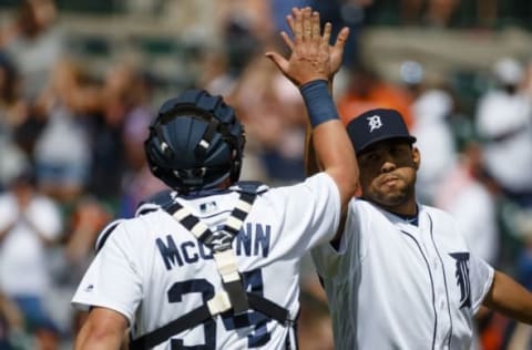 Jun 5, 2016; Detroit, MI, USA; Detroit Tigers catcher James McCann (34) and relief pitcher Francisco Rodriguez (57) celebrate after the game against the Chicago White Sox at Comerica Park. Detroit won 5-2. Mandatory Credit: Rick Osentoski-USA TODAY Sports