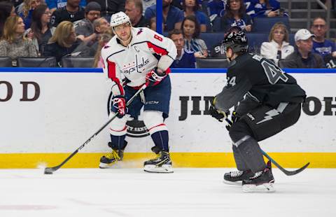 TAMPA, FL – MARCH 30: Alex Ovechkin #8 of the Washington Capitals against the Tampa Bay Lightning at Amalie Arena on March 30, 2019 in Tampa, Florida. (Photo by Scott Audette/NHLI via Getty Images)”n”n