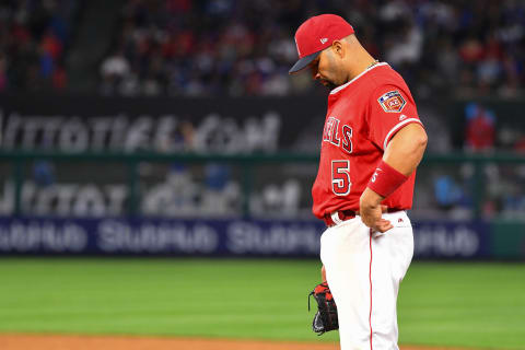 ANAHEIM, CA – MARCH 25: Los Angeles Angels of Anaheim Designated hitter Albert Pujols (5) looks on during a preseason MLB game between the Los Angeles Dodgers and the Los Angeles Angels of Anaheim on March 25, 2018, at Angel Stadium of Anaheim in Anaheim, CA. (Photo by Brian Rothmuller/Icon Sportswire via Getty Images)