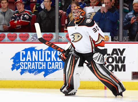 VANCOUVER, BC – JANUARY 2: Ryan Miller #30 of the Anaheim Ducks skates to his crease during their NHL game against the Vancouver Canucks at Rogers Arena January 2, 2018 in Vancouver, British Columbia, Canada. (Photo by Jeff Vinnick/NHLI via Getty Images)”n