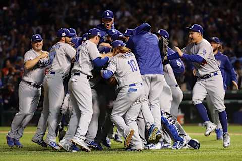 CHICAGO, IL – OCTOBER 19: The Los Angeles Dodgers celebrate defeating the Chicago Cubs 11-1 in game five of the National League Championship Series at Wrigley Field on October 19, 2017 in Chicago, Illinois. The Dodgers advance to the 2017 World Series. (Photo by Jonathan Danniel/Getty Images)