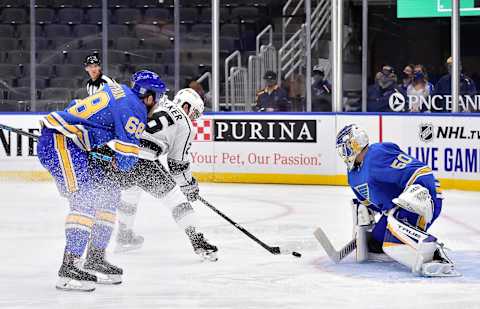 Jan 23, 2021; St. Louis, Missouri, USA; St. Louis Blues goaltender Jordan Binnington (50)   Mandatory Credit: Jeff Curry-USA TODAY Sports