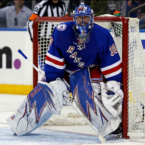 Feb 19, 2017; New York, NY, USA; New York Rangers goalie Henrik Lundqvist (30) defends during the third period against the Washington Capitals at Madison Square Garden. Mandatory Credit: Adam Hunger-USA TODAY Sports