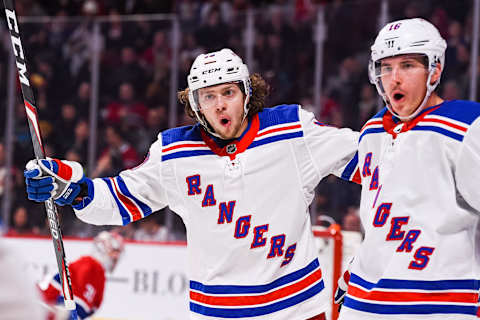 MONTREAL, QC – NOVEMBER 23: New York Rangers left wing Artemi Panarin (10) celebrates his goal with his teammates during the New York Rangers versus the Montreal Canadiens game on November 23, 2019, at Bell Centre in Montreal, QC (Photo by David Kirouac/Icon Sportswire via Getty Images)