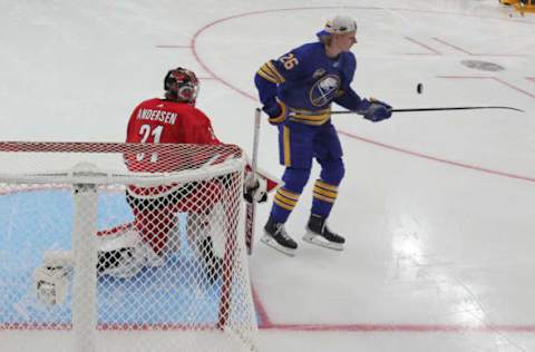 LAS VEGAS, NEVADA – FEBRUARY 04: Rasmus Dahlin #26 of the Buffalo Sabres attempts to shoot the puck past Frederik Andersen #31 of the Carolina Hurricanes in the Save Streak event during the 2022 NHL All-Star Skills at T-Mobile Arena on February 04, 2022, in Las Vegas, Nevada. (Photo by Ethan Miller/Getty Images)