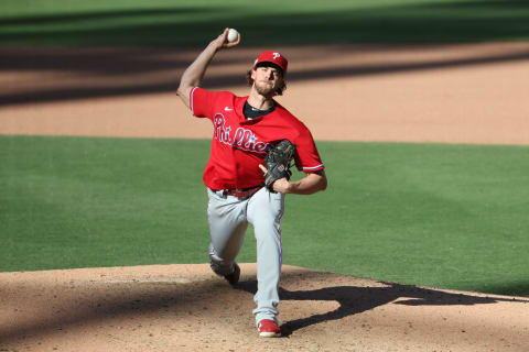 Oct 19, 2022; San Diego, California, USA; Philadelphia Phillies starting pitcher Aaron Nola (27) pitches in the ififhtinng against the San Diego Padres during game two of the NLCS for the 2022 MLB Playoffs at Petco Park. Mandatory Credit: Kiyoshi Mio-USA TODAY Sports