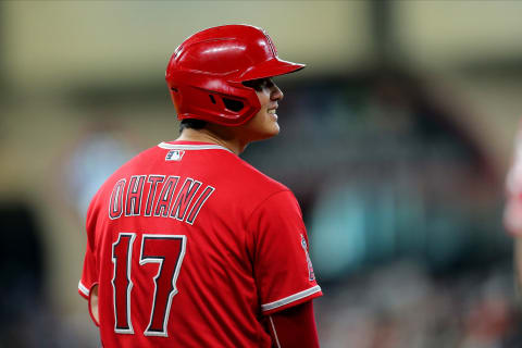 Sep 12, 2021; Houston, Texas, USA; Los Angeles Angels designated hitter Shohei Ohtani (17) during a break in the action against the Houston Astros during the eighth inning at Minute Maid Park. Mandatory Credit: Erik Williams-USA TODAY Sports